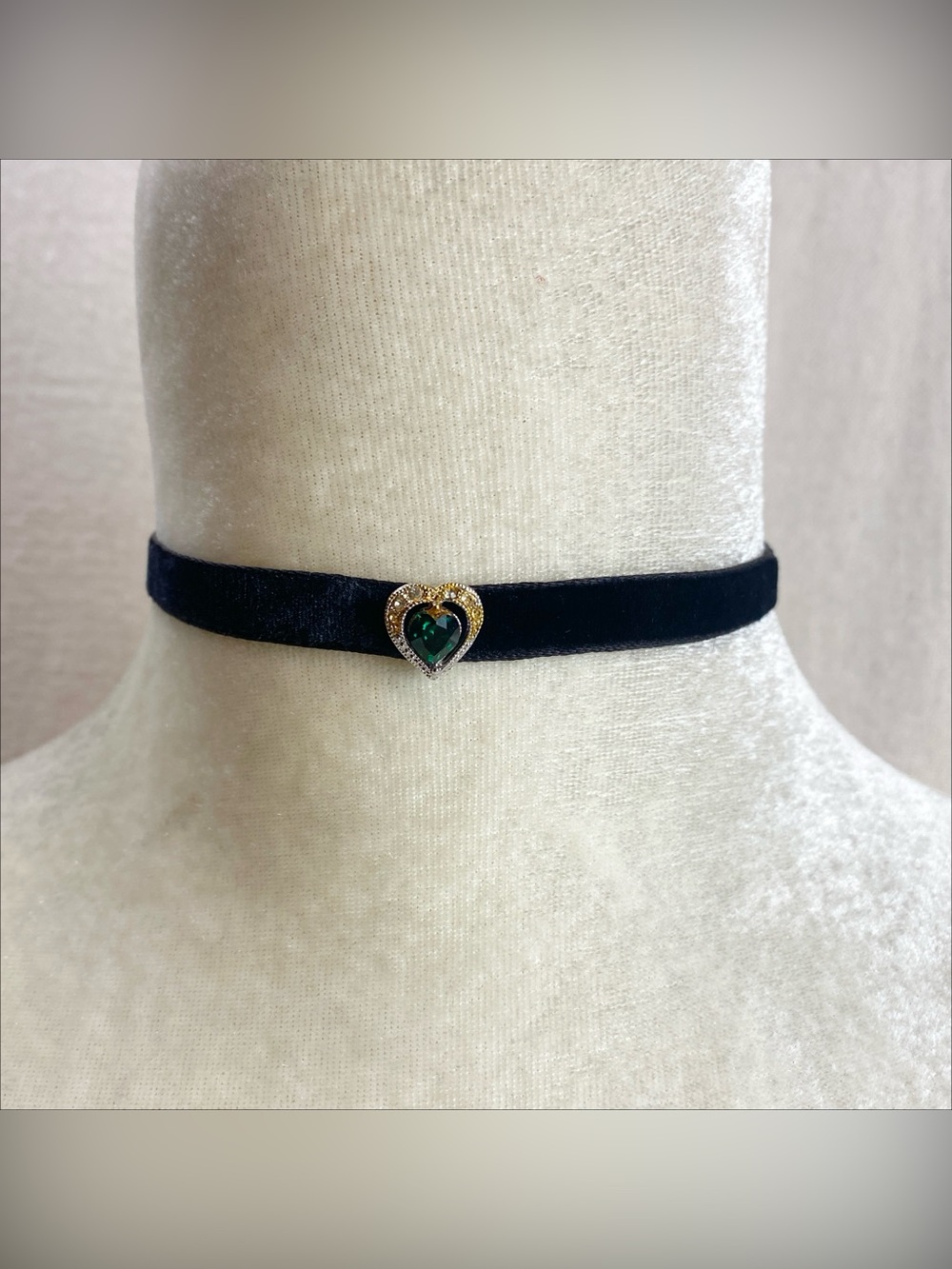 Black Velvet Choker Necklace with Green Heart Pendant